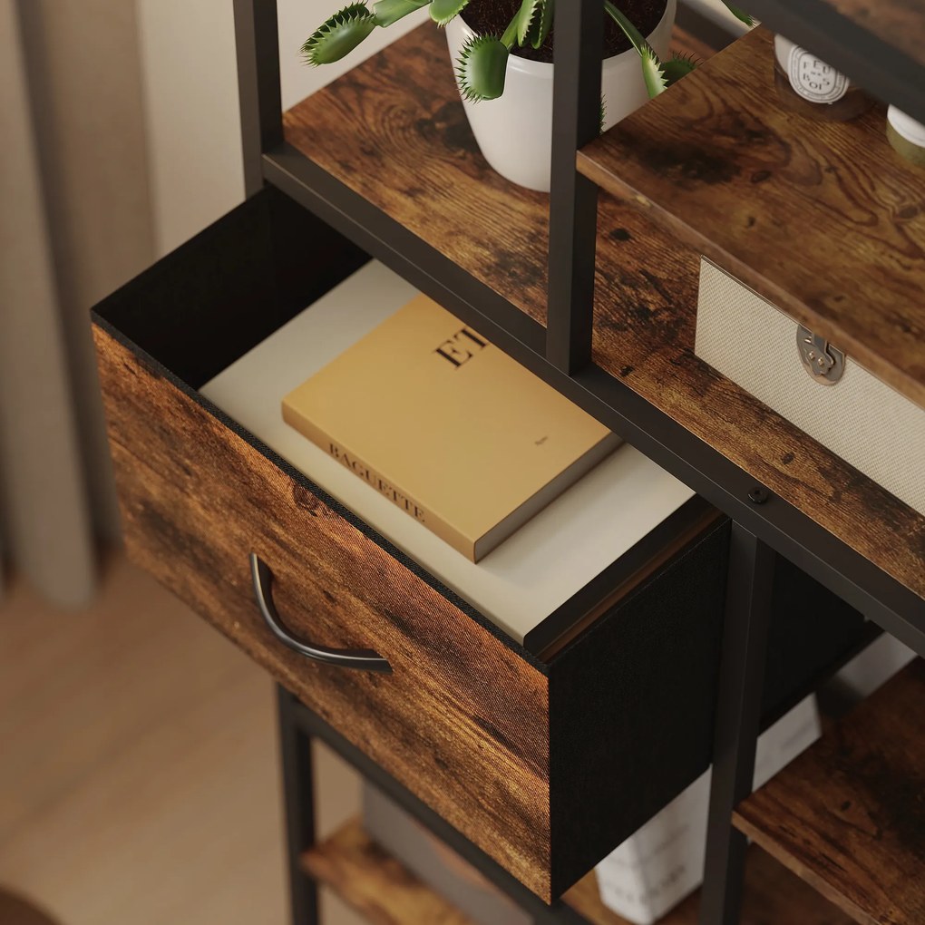 HOMCOM Regał do przechowywania, 2 materiałowe szuflady, 9 otwartych przegród, wolnostojący regał z ramą stalową, Brązowy+Czarny