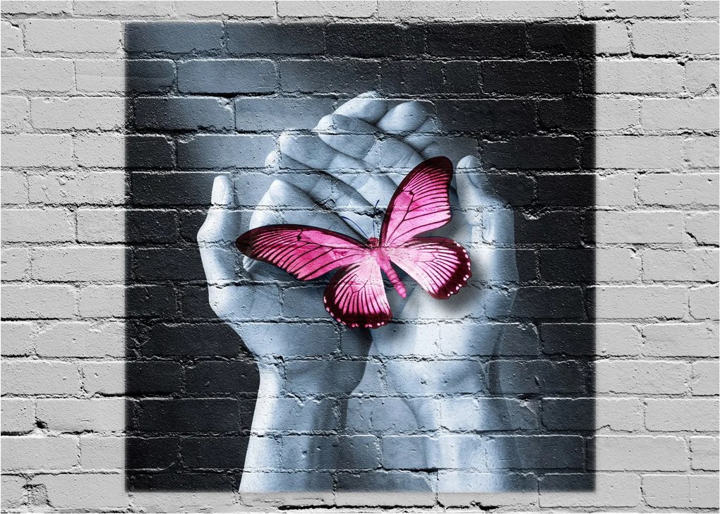Obraz na szkle - Różowy motyl w ścianie (70x50 cm)