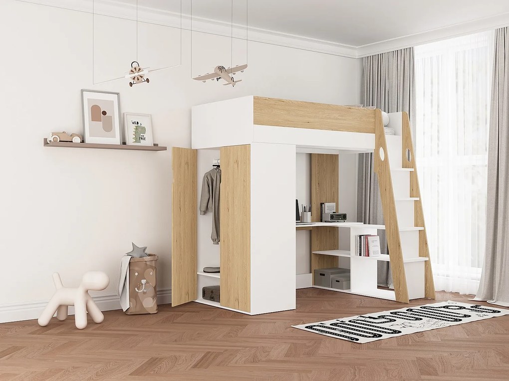 Łóżko antresola 90 x 190 cm z szafą i biurkiem – Kolor: Naturalny i biały - ARMONESA