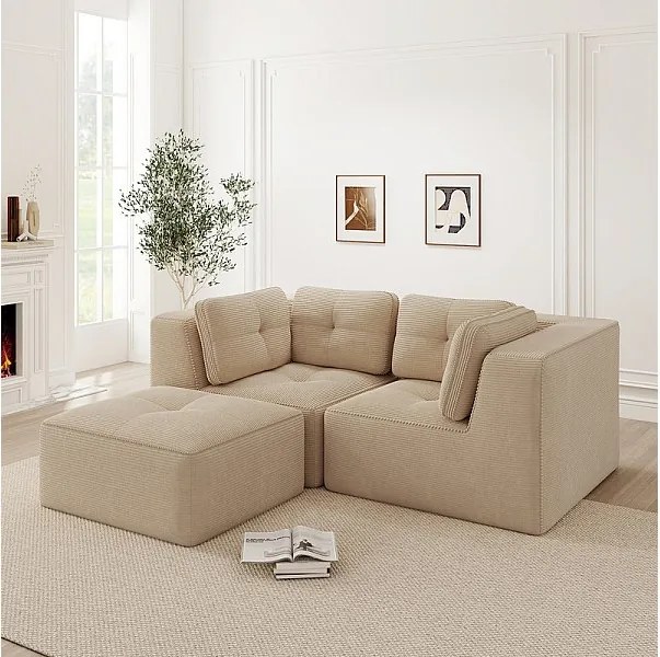 Canapé d'angle modulable, avec pouf et coussins, en velours côtelé, Beige, 208x177x69cm