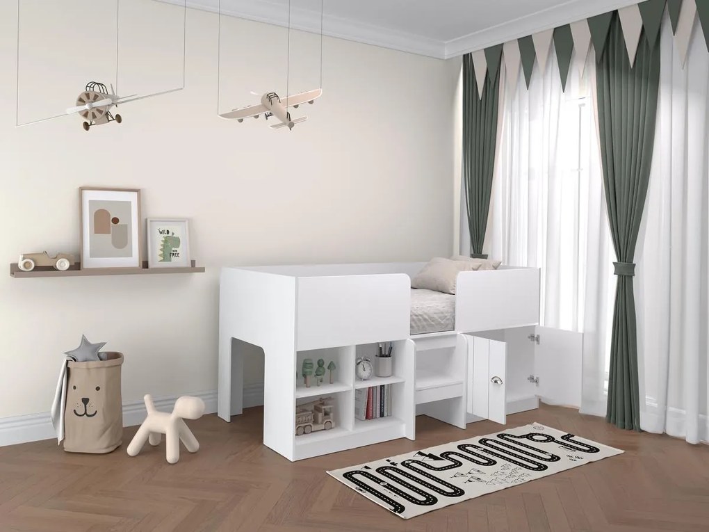 Łóżko podwyższone 90 x 190 cm ze schowkami - Biały - BOUTANIO