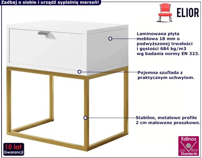 Biało-złoty stolik nocny na metalowym stelażu Marva