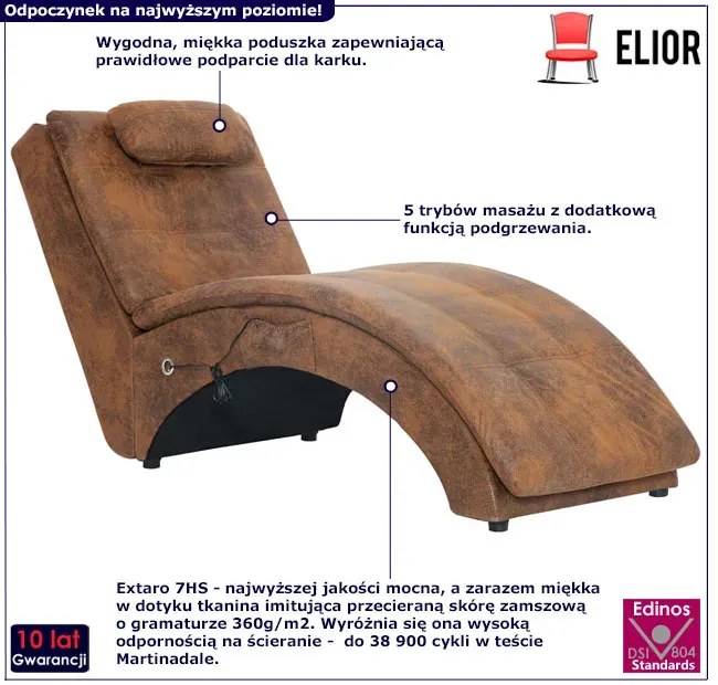 Brązowa masująca leżanka do salonu z zamszowej skóry B9-R48