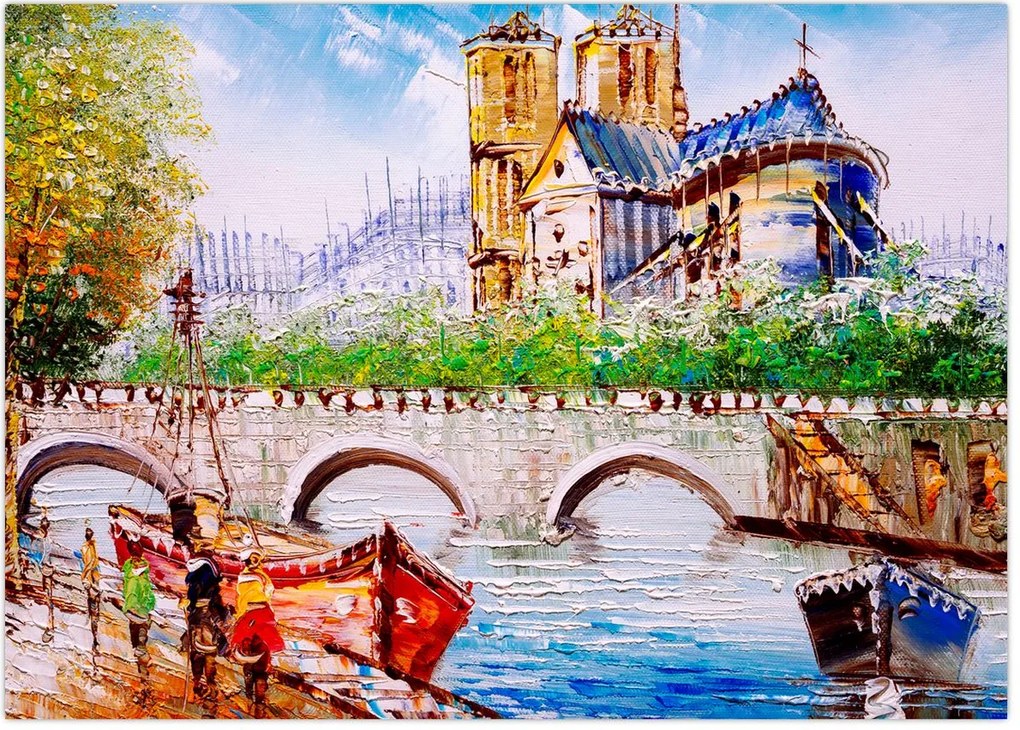 Obraz na szkle - Obraz olejny przedstawiający miasto (70x50 cm)