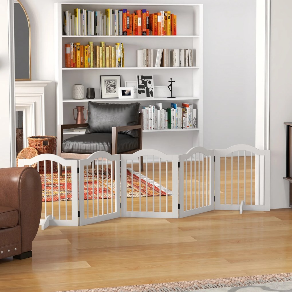 PawHut Składana bramka dla psów 5 paneli elastyczna drewniana biała 2545x295x61 cm | Aosom PL