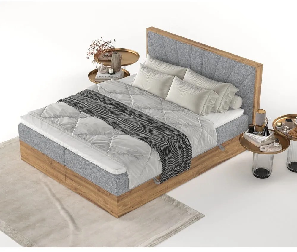 Szaro-naturalne łóżko boxspring ze schowkiem 140x200 cm Asahi – Maison de Rêve