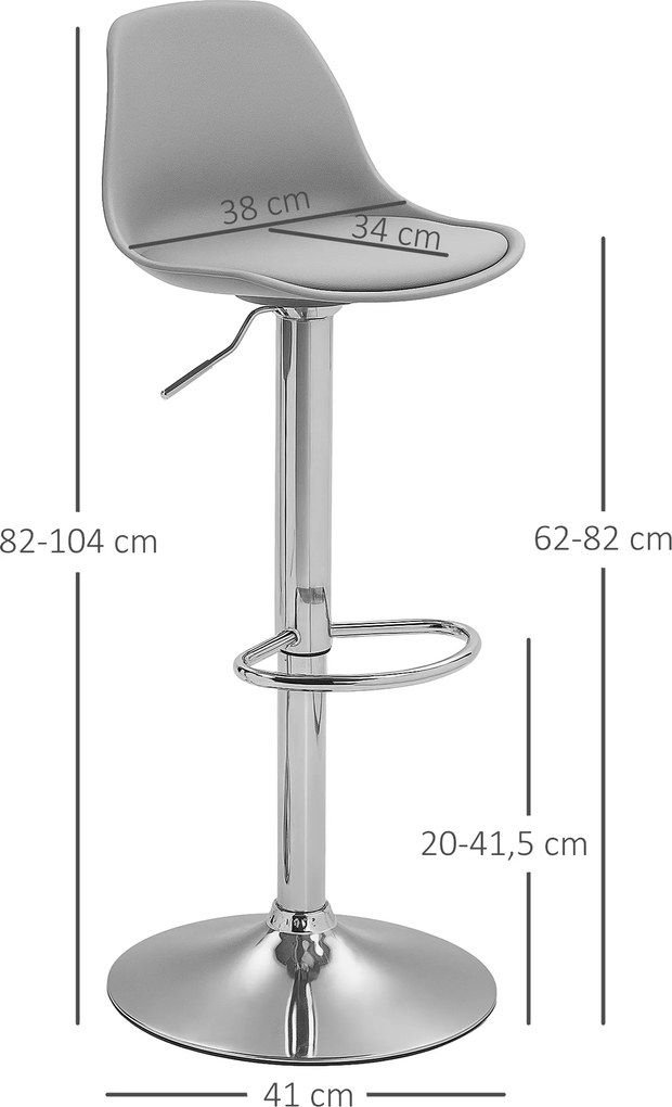 HOMCOM Zestaw 2 Hokerów Barowych, Obracane Krzesła z Oparciem, Regulowane Wysokość, do 120 kg, 42 x 38 x 82-104 cm, Szary