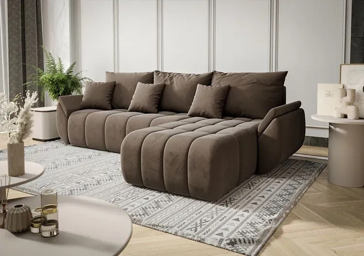 Welurowa brązowa sofa w kształcie litery L - Ikto