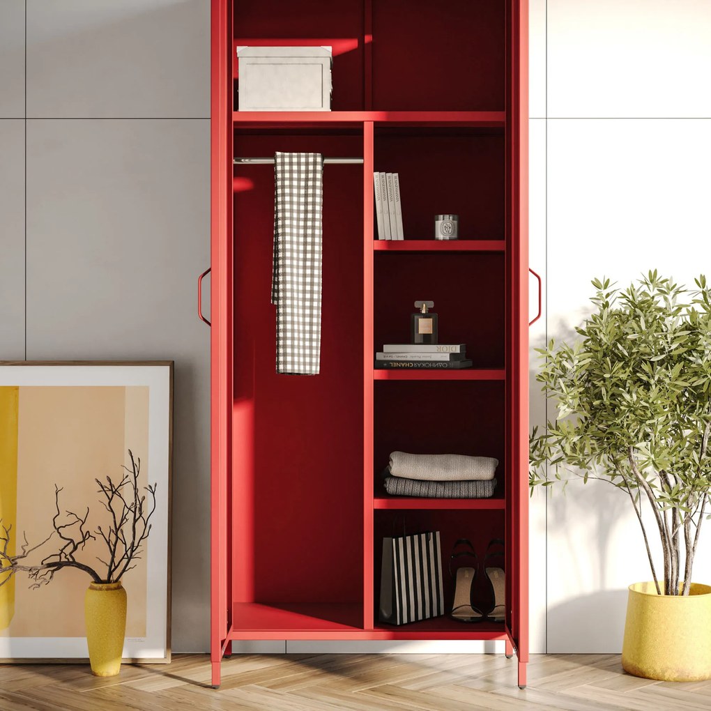 Szafa na ubrania metalowa czerwona FLAVIO, 800 x 1850 x 450 mm