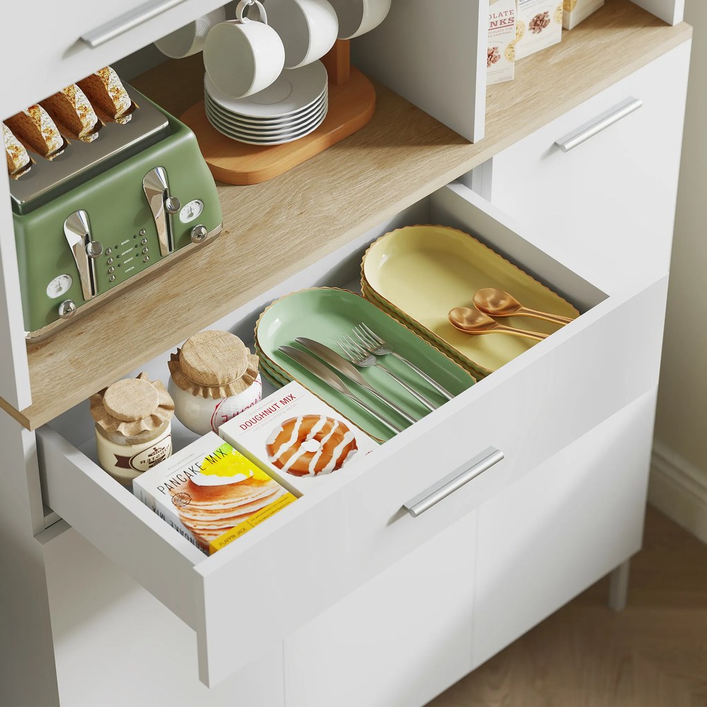 HOMCOM Szafka kuchenna z otwartymi regałami, przegródkami, stojak na wino, schowek z 5 drzwiami, MDF, Biały