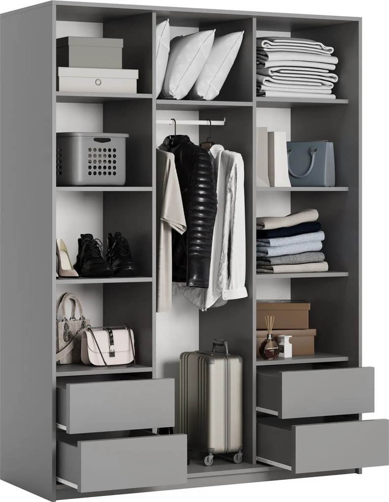 Szafa Przesuwna TAVI 150 cm z Lustrem Szafa Trzydrzwiowa z Szufladami Grafit / Czarne Profile