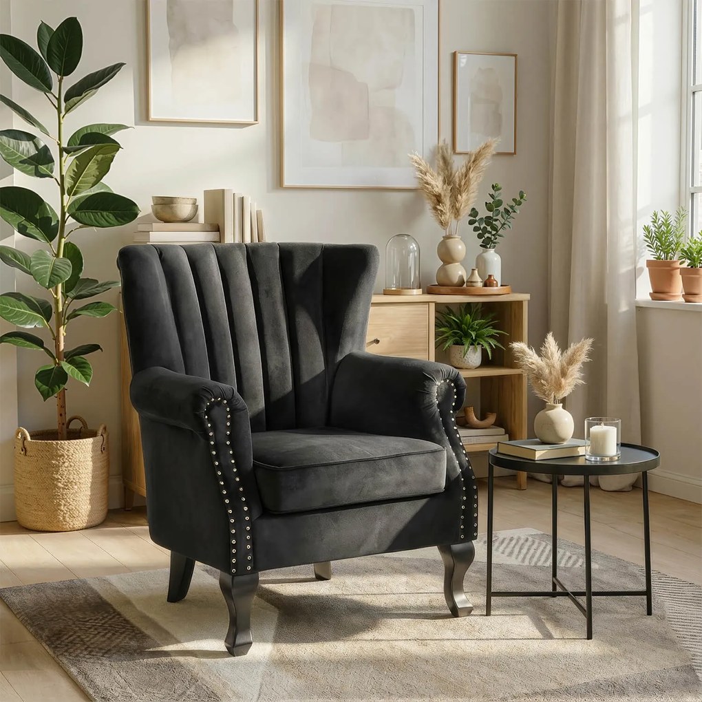 Fotel Uszak Wypoczynkowy MALLO Czarny Welurowy Nowoczesny Glamour