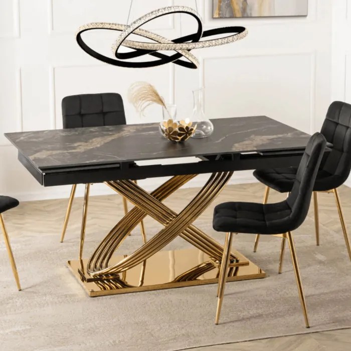 Stół Rozkładany Prostokątny IBIZA 160-240 cm Ceramiczny Czarny Marmur/Złoty do Jadalni Nowoczesny Glamour