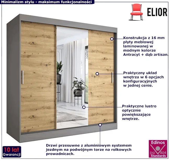 Szafa przesuwna antracyt + dąb artisan 200 cm - Massi 6X