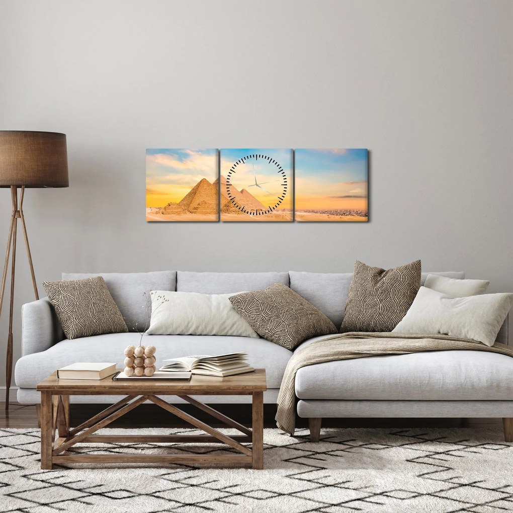 Obraz egipskich piramid (z zegarem) (90x30 cm)