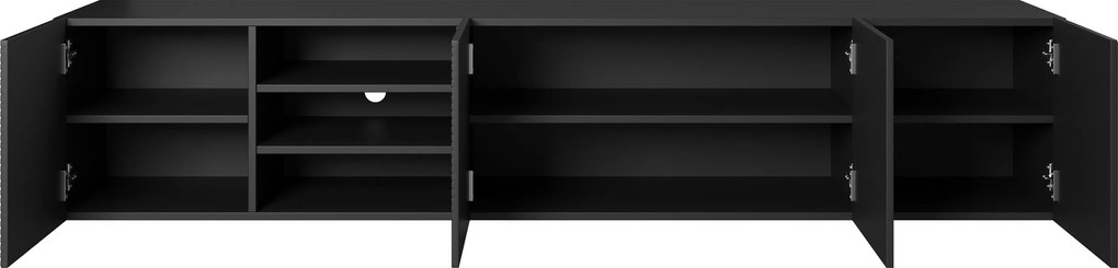Szafka RTV Asha 200 cm wisząca z ryflowanym frontem i wnęką - czarny mat