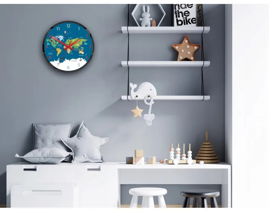 Zegar na ścianę mapa świata akrylowy naklejany okrągły kolorowy edukacyjny