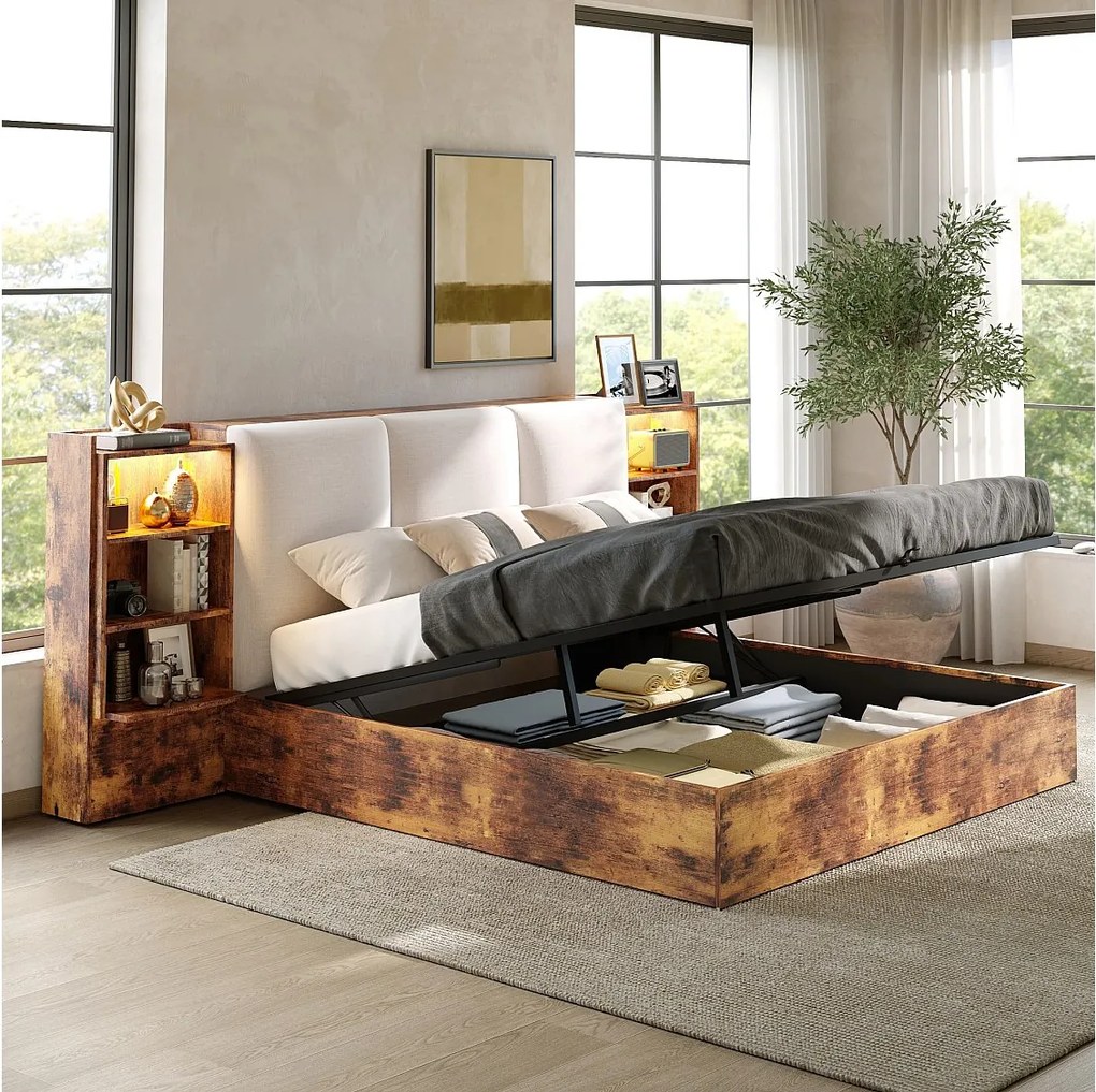 Łóżko z pojemnikiem 180 x 200 cm, 6 przegródkami i oświetleniem LED - MDF + Sklejka + Len - Brązowe (Materac nie jest wliczony w cenę)
