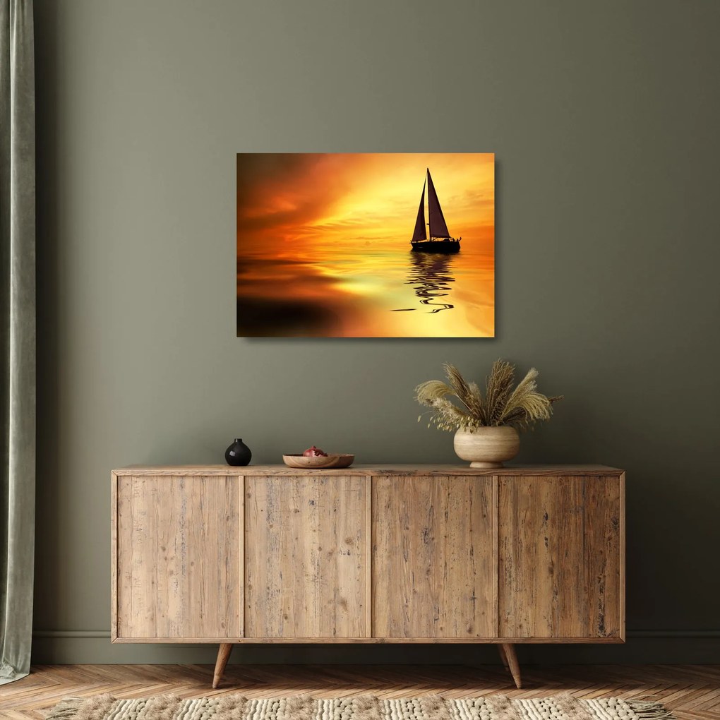 Obraz na szkle - Żaglówka o zachodzie słońca (70x50 cm)