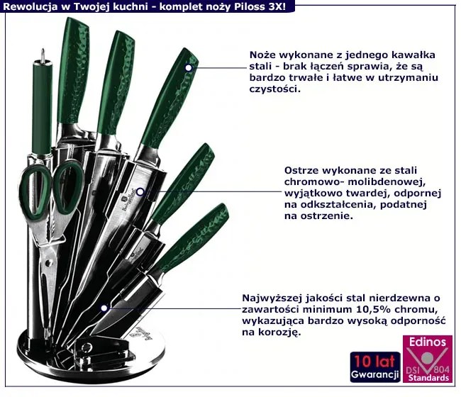 Zielony komplet noży na obracanym stojaku - Piloss 3X