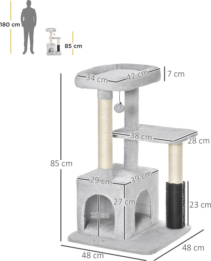 PawHut Drapak dla Kotów z Kącikiem do Masażu Jaskinią i Piłką Jasnoszary 48x48x80cm Kompleksowa Zabawa dla Twojego Kota | Aosom PL