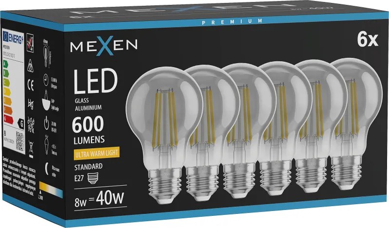 Mexen Vintis 6x żarówka filament LED E27, A60, 8W, Ciepła - 2200K, 600 lm, smoke - L150-E27-0822-70x06