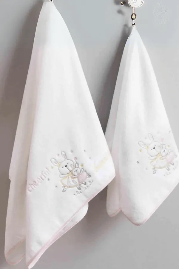 Podarunkowy zestaw ręczników dla dzieci BUNNY, 2 szt Śmietankowy / Różowy haft Zestaw (ręcznik 50x90cm, ręcznik 70x130cm)