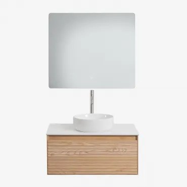 Zestaw Wiszących Mebli Łazienkowych Z Drewna Jesionowego Tedrik Popielaty Brąz & Okrągły Ceramiczny - Sklum