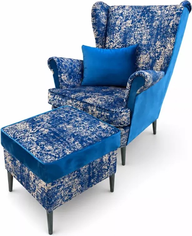 Wygodny fotel wypoczynkowy uszak z podnóżkiem Vintage Carpet