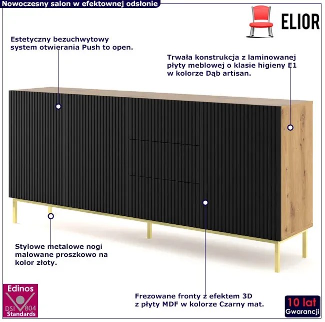 Komoda z lamelami na złotej ramie artisan + czarny Robini 3X