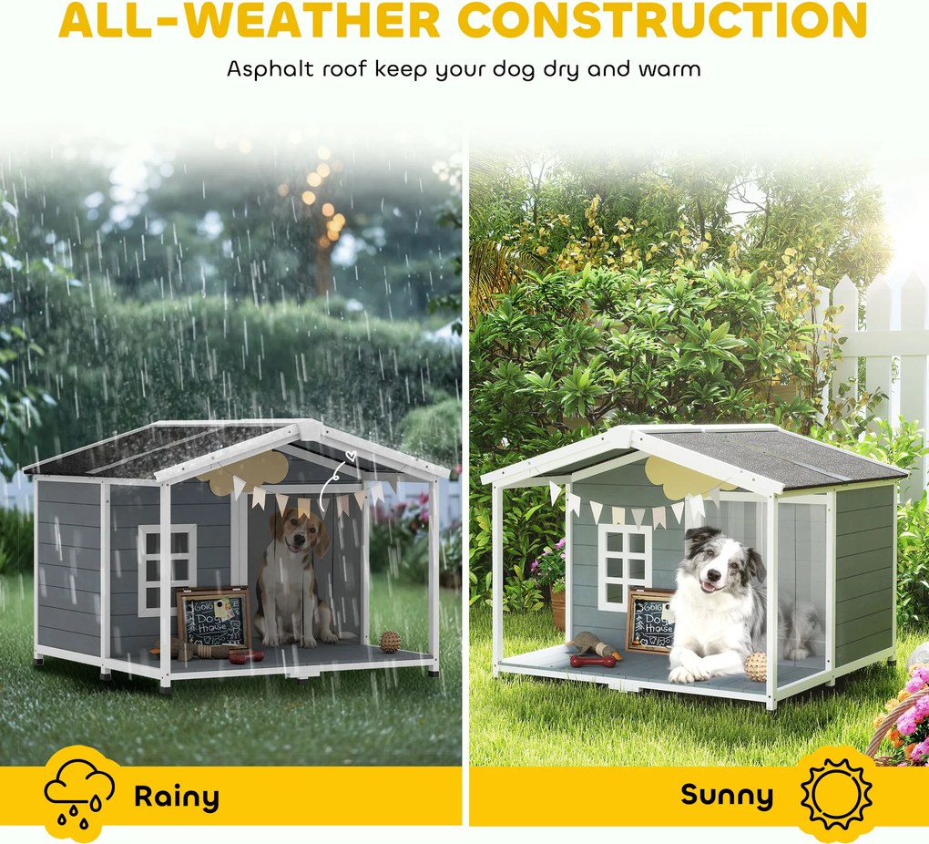 PawHut Buda dla psa wodoodporna z drewna, podwyższona podstawa, dach bitumiczny, taras, dla średnich psów 103x107x83,5 cm, szara | Aosom PL