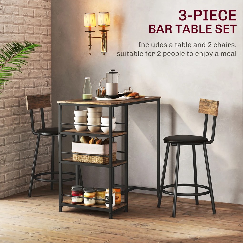 HOMCOM 3-częściowy zestaw do jadalni z ladą barową i 2 krzesłami, Mały zestaw kuchenny z bocznymi półkami, MDF, metal, czarny