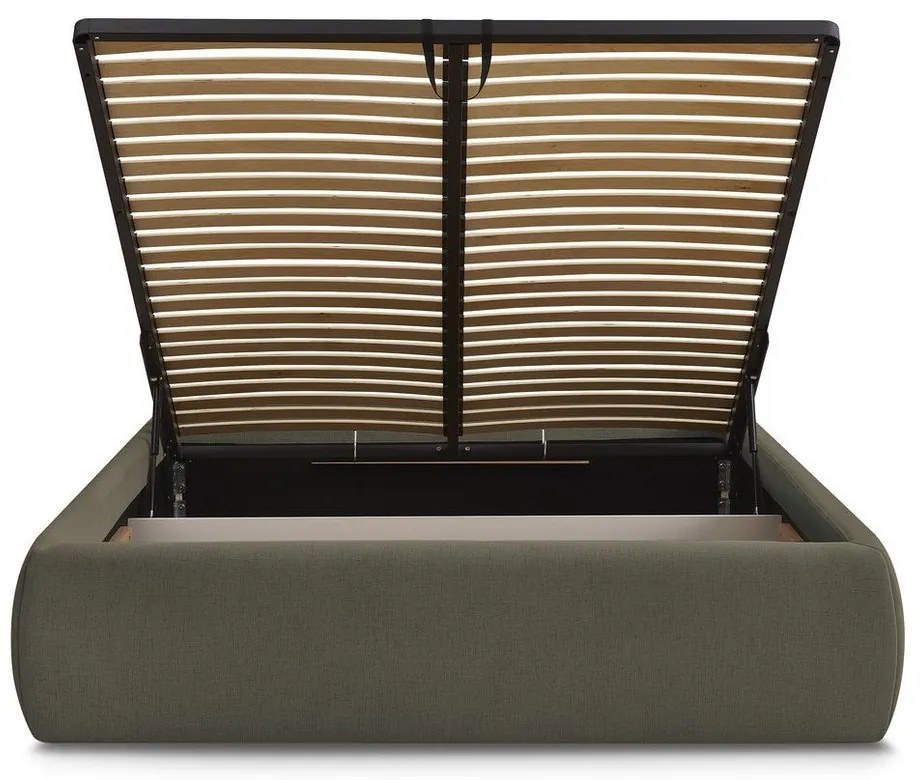 Ciemnozielone tapicerowane łóżko dwuosobowe bez zagłówka ze schowkiem i stelażem 180x200 cm Inera – Bobochic Paris