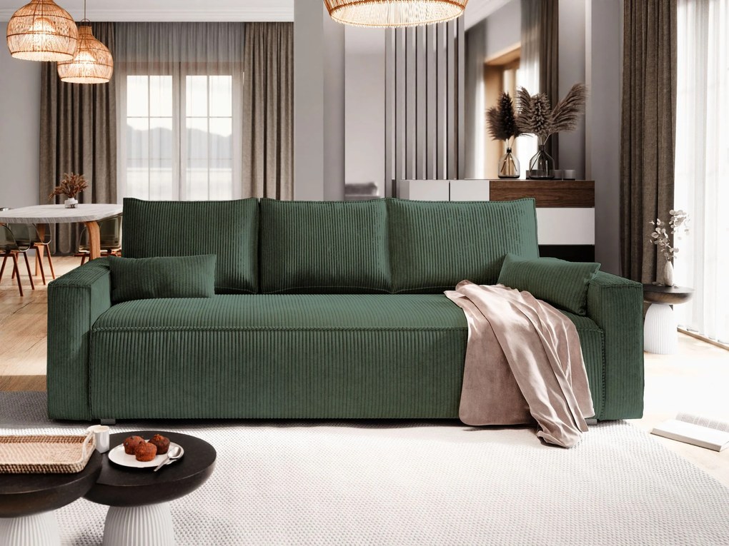Masseno Sofa MENI z funkcją spania i pojemnikiem na pościel, Rozkładana sofa - Butelkowa zieleń, POSO 14