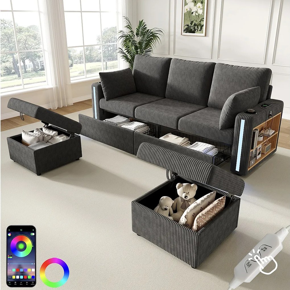 Modułowa sofa narożna 5-6-osobowa z 2 pufami ze schowkiem, aplikacją LED, USB/Type-C, 2 szufladami - sztruks - 190 x 130 x 85 cm - szary