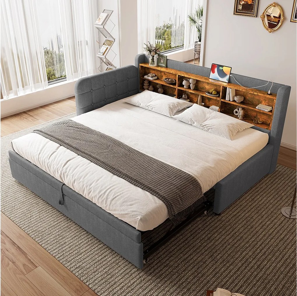 Łóżko wysuwane 90/180 x 200 cm - Łóżko podwójne z podłokietnikami i ładowarką USB - szara pościel - materac nie jest wliczony w cenę