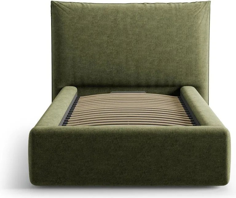 Zielone tapicerowane łóżko jednoosobowe ze schowkiem i stelażem 90x200 cm Kaelle – Micadoni