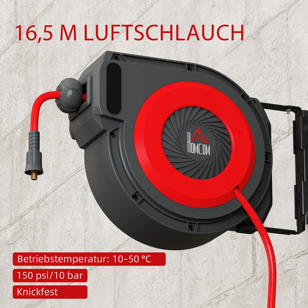 HOMCOM Bęben na wąż z mechanizmem zwijania, 16,5 m długi wąż, montaż ścienny, Czerwony+Czarny