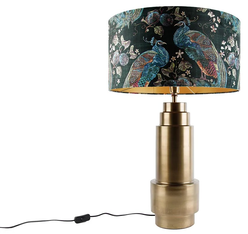 Lampa stołowa z abażurem z aksamitu w kolorze brązu i zieleni pawiej ze złotem 50 cm - Bruut ArtDeco Oswietlenie wewnetrzne