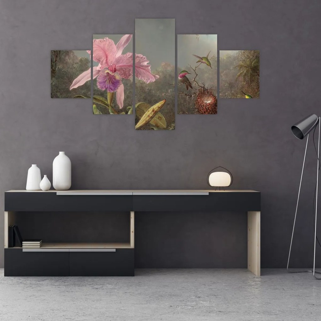 Obraz - Martin Johnson Heade, Cattleya Orchid and Three Hummingbirds, reprodukcje (125x70 cm)
