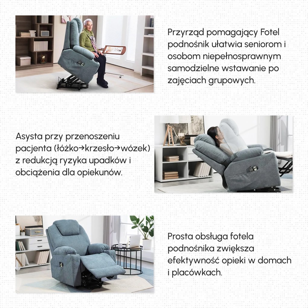 HOMCOM Fotel Masujący z Funkcją Pomocy przy Wstawaniu dla Seniorów, 8 Punktów Masażu, Boczne Kieszenie, Pilot, 90D x 101S x 107W cm, Szary