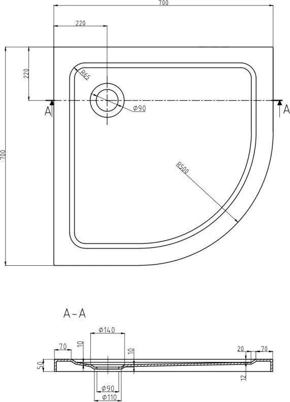 Mexen Flat brodzik półokrągły slim 70 x 70 cm, czarny, syfon czarny - 41707070B