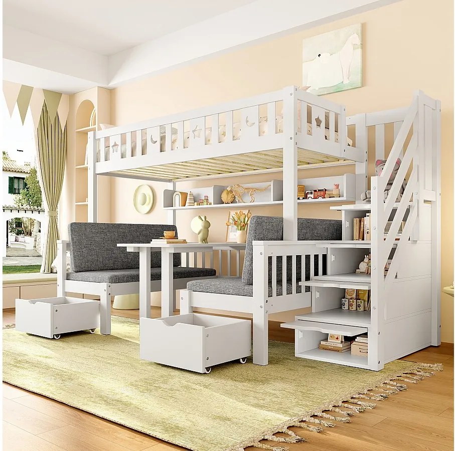 Łóżko piętrowe dla dzieci - 90 x 200 cm - łóżko 2 w 1 i biurko + drabinka ze schowkiem + ogrodzenie - drewno - białe