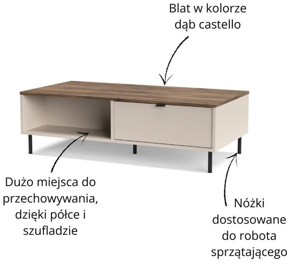 Ława do Salonu z Szufladami BLUSH 110 cm Kaszmir/ Dąb castello Nowoczesna