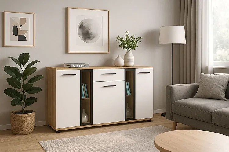 Komoda ze szkłem w kolorze dąb artisan + biały G2-N26