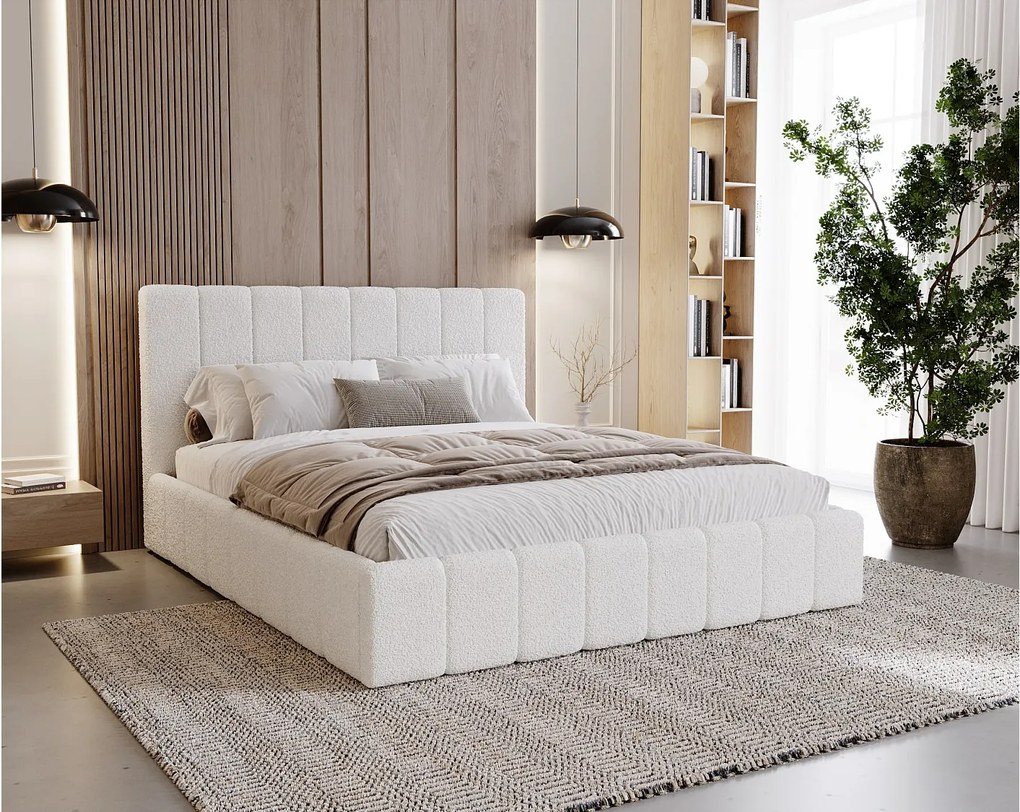 BESILIO Sypialnia łóżko slim 180x200 Lexy - stelaż metalowy, pojemnik na pościel, slim łóżko, tkanina boucle - Biały