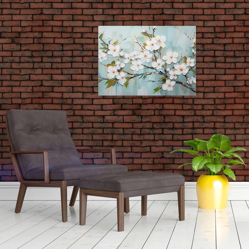Obraz na szkle - Malowanie, kwitnące gałęzie drzew (70x50 cm)