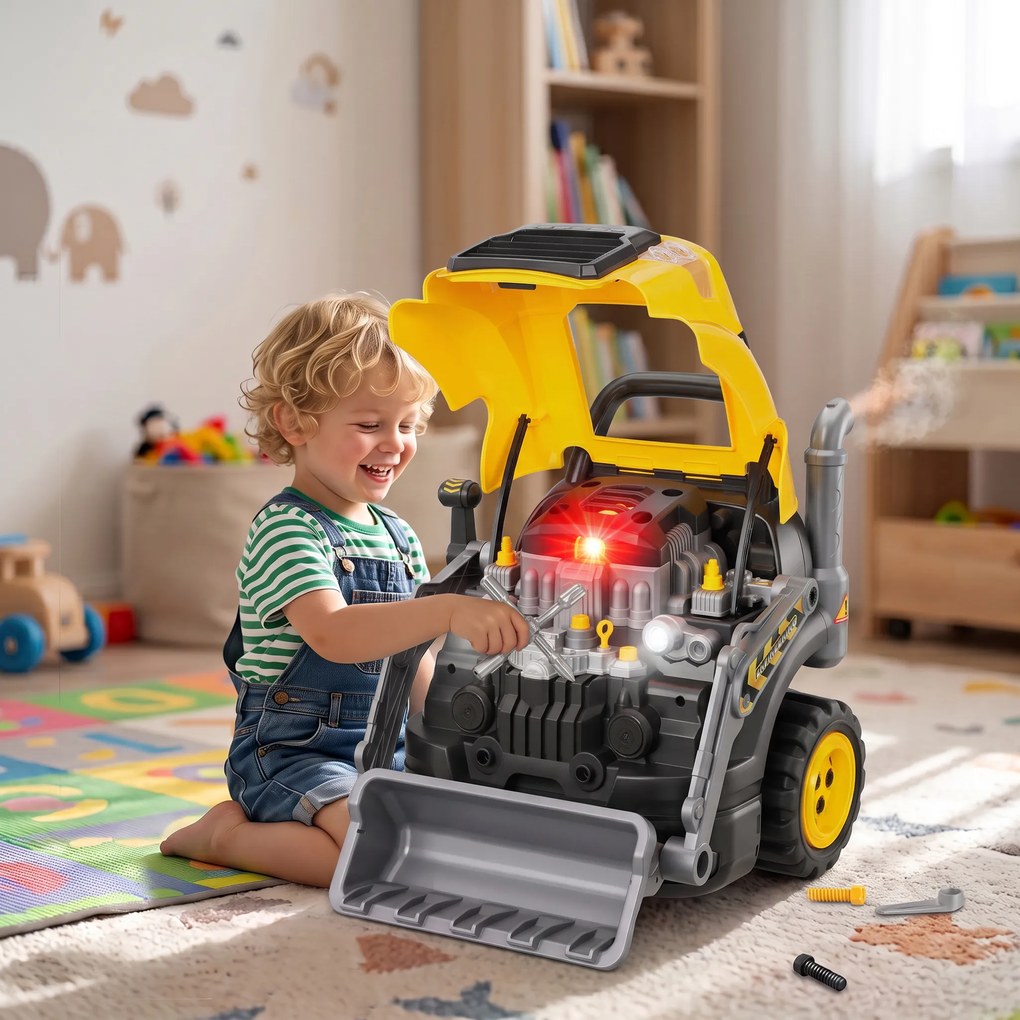AIYAPLAY Zabawka motoryzacyjna dla dzieci 68-elementowy zestaw do naprawy auta w stylu koparki z światłami i dźwiękiem, funkcja mgły, klakson na kierownicy, Żółty | Aosom PL