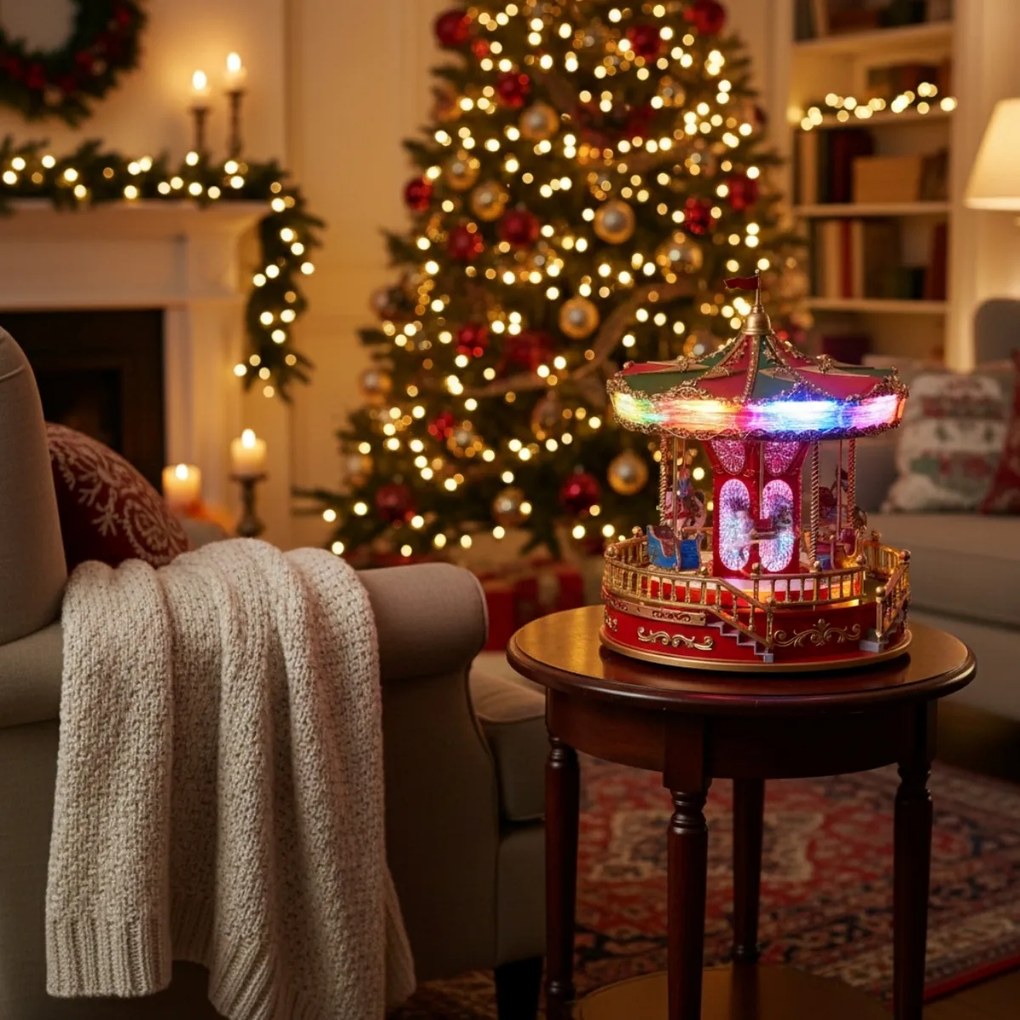 Świąteczna karuzela LED z muzyką i obrotowymi figurkami, 23 x 28 cm