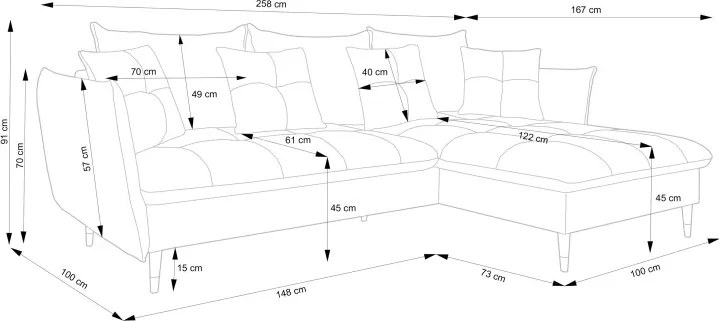 Narożnik GLAM Prawostronny z funkcją spania, zestaw z poduszkami wolnostojący tkanina RIVIERA 16 Beżowy DOMO HOME
